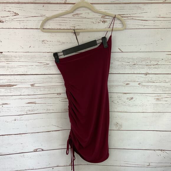 Windsor S Maroon One Shoulder Thin Spaghetti Strap Ruched Side Mini Dress - Picture 8 of 11